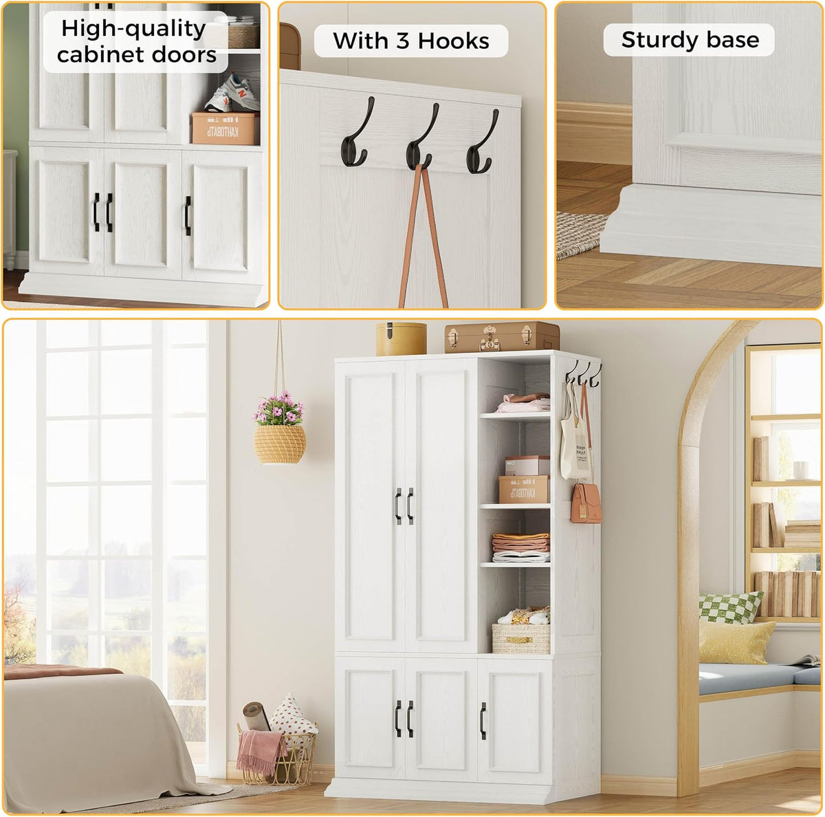LIKIMIO Armoire Wardrobe Closet 70" H, 5 Doors for Bedroom, White | Wooden Wardrobe with 4 Storage Shelves and Hanging Rod, Clothing Storage Cabinet Organizer Combination