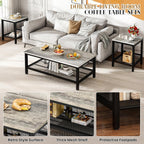 Recaceik 3-Piece Living Room Coffee Table Set, Industrial Coffee Table with 2 Square End Side Tables, Modern Living Room Table Set with Metal Frame for Apartment Home Office (Grey)