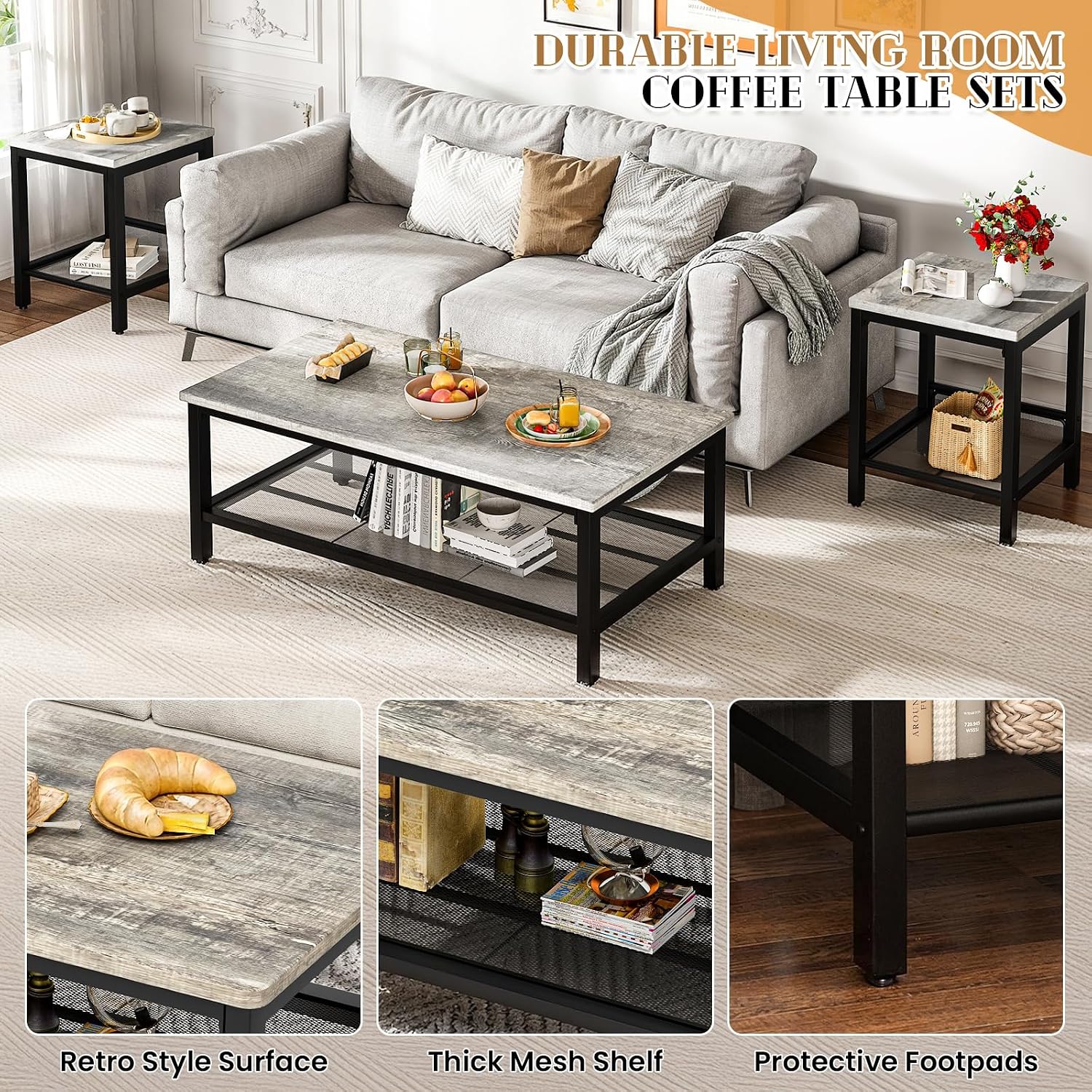 Recaceik 3-Piece Living Room Coffee Table Set, Industrial Coffee Table with 2 Square End Side Tables, Modern Living Room Table Set with Metal Frame for Apartment Home Office (Grey)