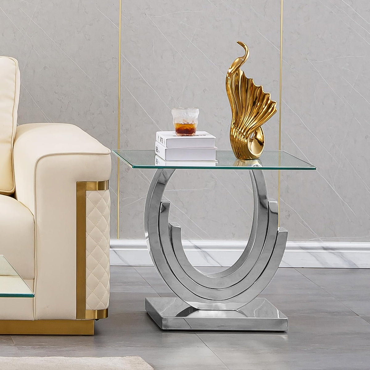 Luxury Silver Glass End Table Modern Square Sofa Side Table with Mirrored Stainless Steel Base and Clear Glass Top for Living Room Home Office Bedroom Table (Silver)