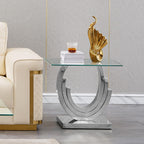 SSLine 1 Piece Living Room End Table Luxury Glass Side Table, Modern Silver End Table with Ring-Shape Stainless Steel Pedestal Base for Living Room Bedroom Office(1 End Table)
