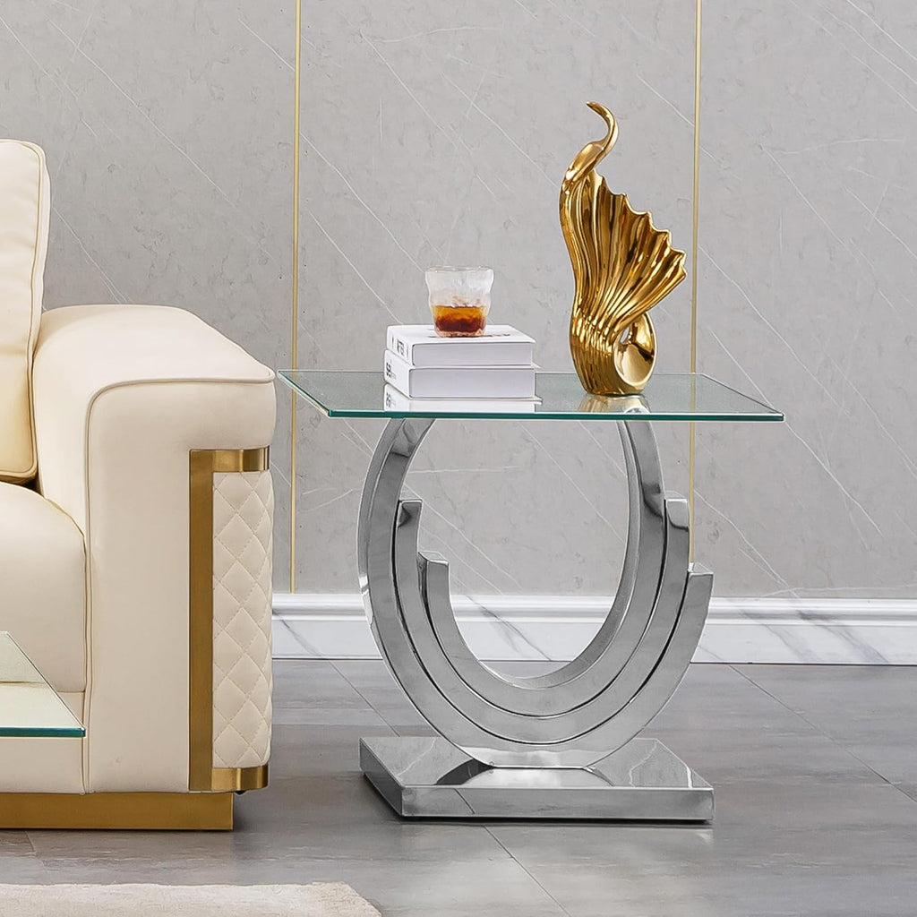 Glass End Table, 22.83" Square Side Table with Tempered Glass Top and Silver Mirror Finish Stainless Steel Three U-Shaped Base, Modern Small End Side Table for Living Room