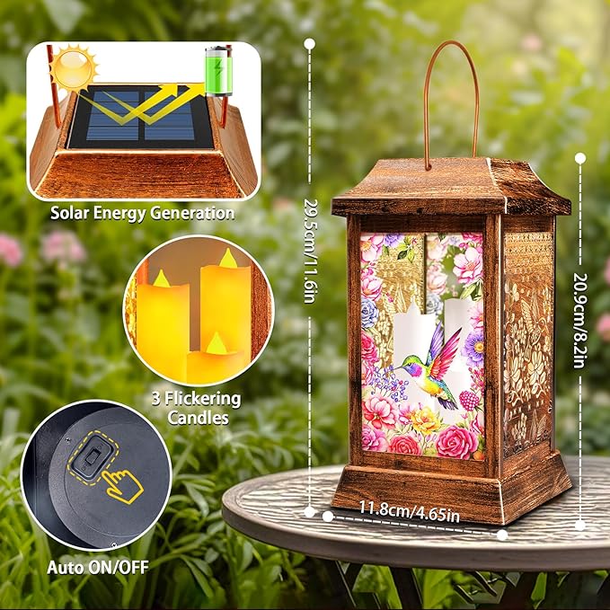 Hummingbird Solar Lanterns Outdoor Waterproof, Metal & Glass Hanging Lights Garden Decor, Birthday Gifts for Women Mom Grandma Mothers Day, Decorative Lights for Outside Yard Patio Backyard Porch
