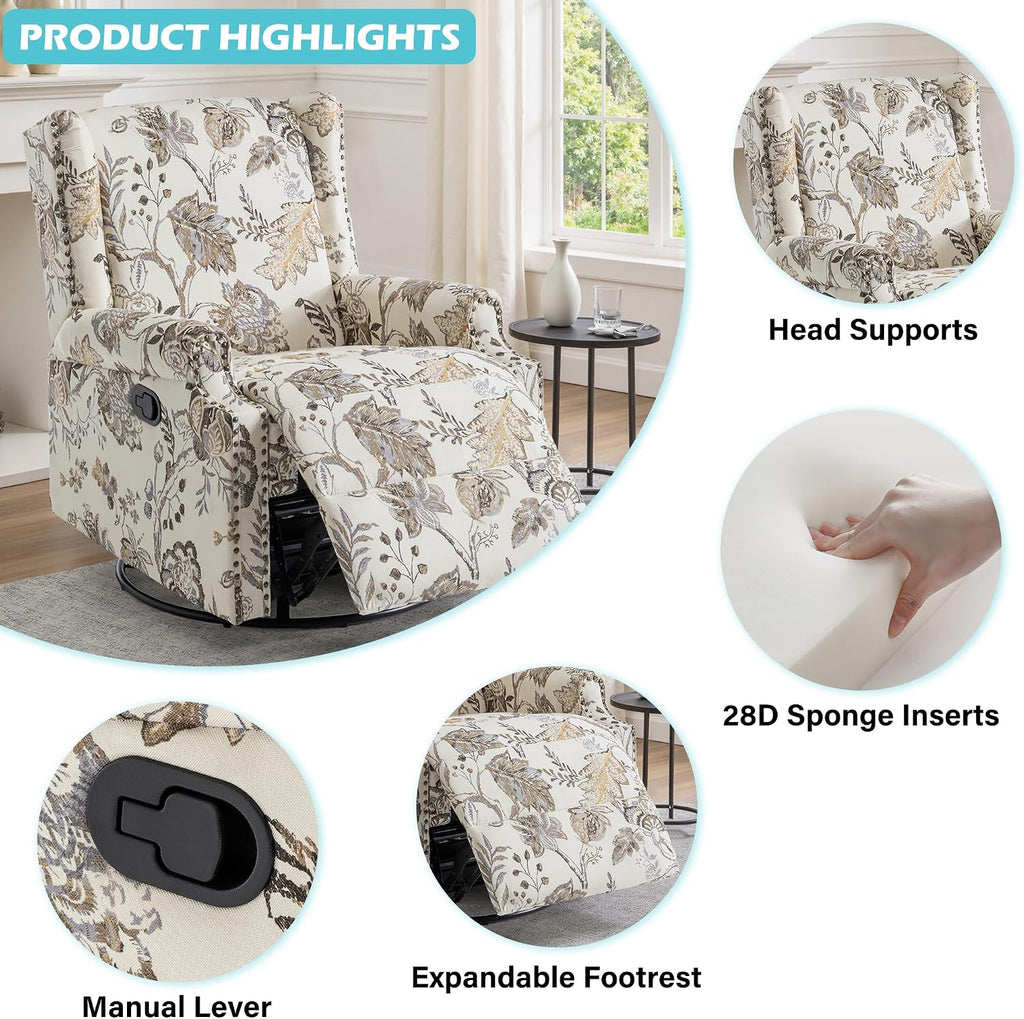 Swivel Glider Floral Recliner Chairs Set of 2, High Back Swivel Rocker Fabric Accent Chair for Living Room, Rivet Trim Upholstered Armchair Manual Sofa Seating - Beige Plants