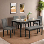 6 Piece Dining Table Set, Counter Height Kitchen Sets, Black | Rectangular Table, 4 Upholstered Backrest Chairs and a Bench, Wood Grain Surface, Modern Dining Room Table Set for 5