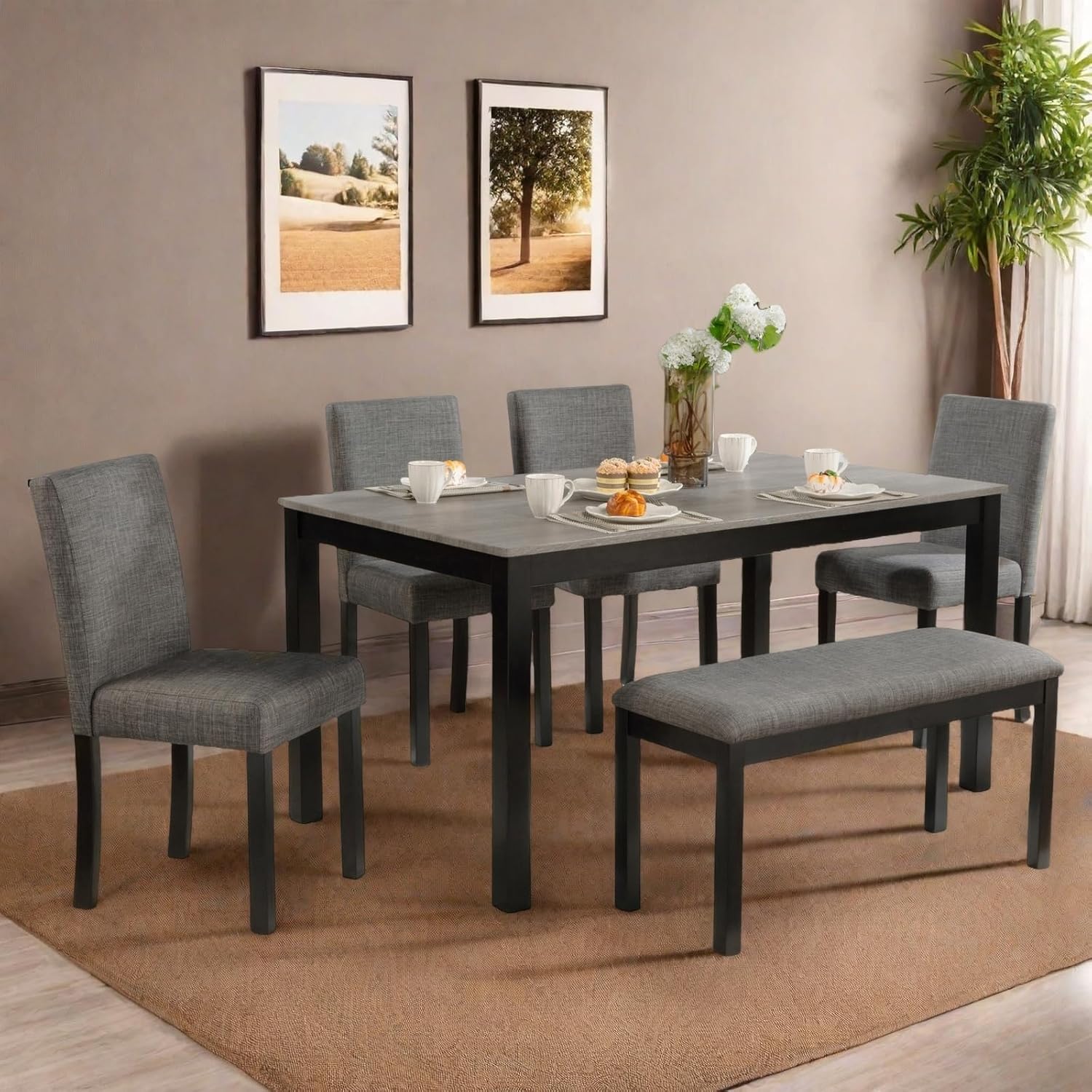 6 Piece Dining Table Set, Counter Height Kitchen Sets, Black | Rectangular Table, 4 Upholstered Backrest Chairs and a Bench, Wood Grain Surface, Modern Dining Room Table Set for 5
