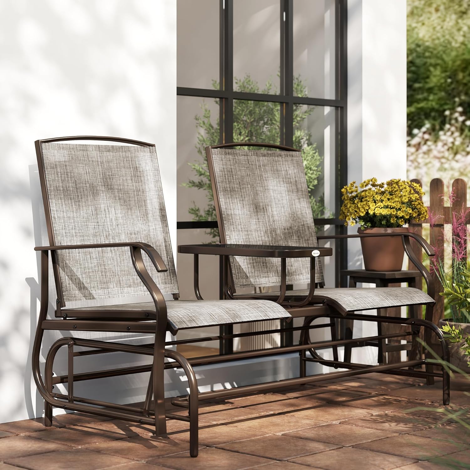 Outsunny Outdoor Glider Bench with Center Table Metal Frame Armrests Brown | Patio Loveseat, Breathable Mesh Fabric, for Backyard Garden Porch
