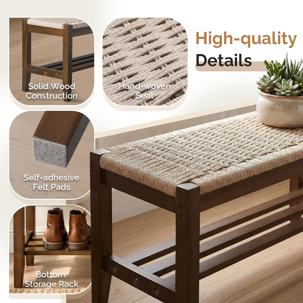 VINGLI Boho Storage Bench, Rattan Entryway Bench with Natural Woven Seat & Wood Frame, Dining Wicker Bench Indoor Bedroom Bench for End of Bed, Dining Room, Living Room and Hallway, Walnut, 39.8 Inch