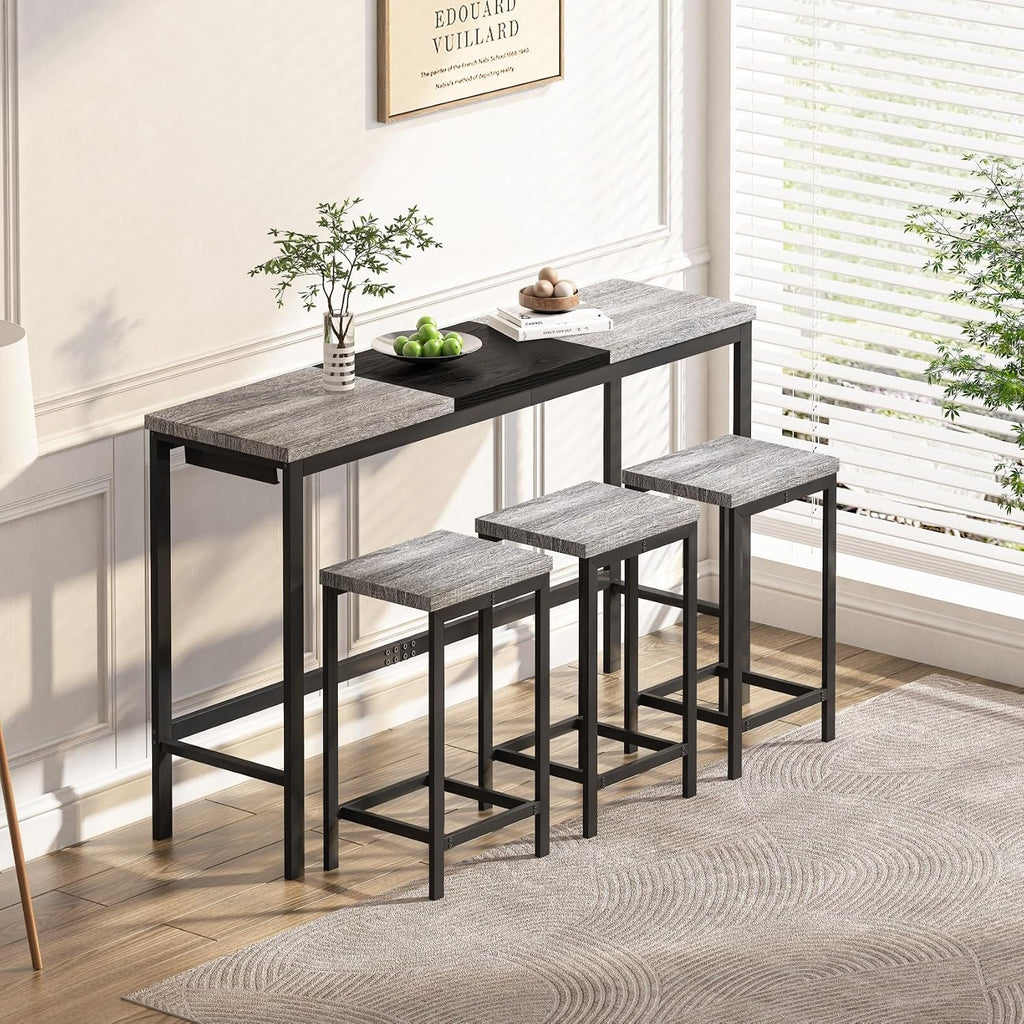 KEIKI 60.24” Long Bar High Top Dining Table and 3 Hanging Stools Chairs Set, Wood Behind Couch Sofa Counter Height Pub Furniture for Breakfast, Kitchen Living Party Room, Gery & Black