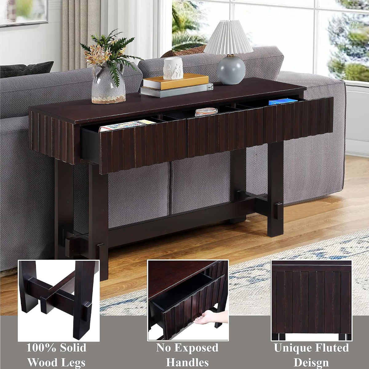 Knocbel Fluted Console Table with 3 Storage Drawers, Farmhouse Mid Century Sofa Table with Solid Wood Legs for Entryway Living Room, 52" W x 15" D x 30" H, Espresso