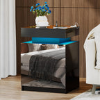 LED Nightstand - Bedside Table with Charging Station and 2 Mirrored Drawers Sliding Top with Magnetic Lock - Modern Night Stand for Bedroom & Living Room - Black
