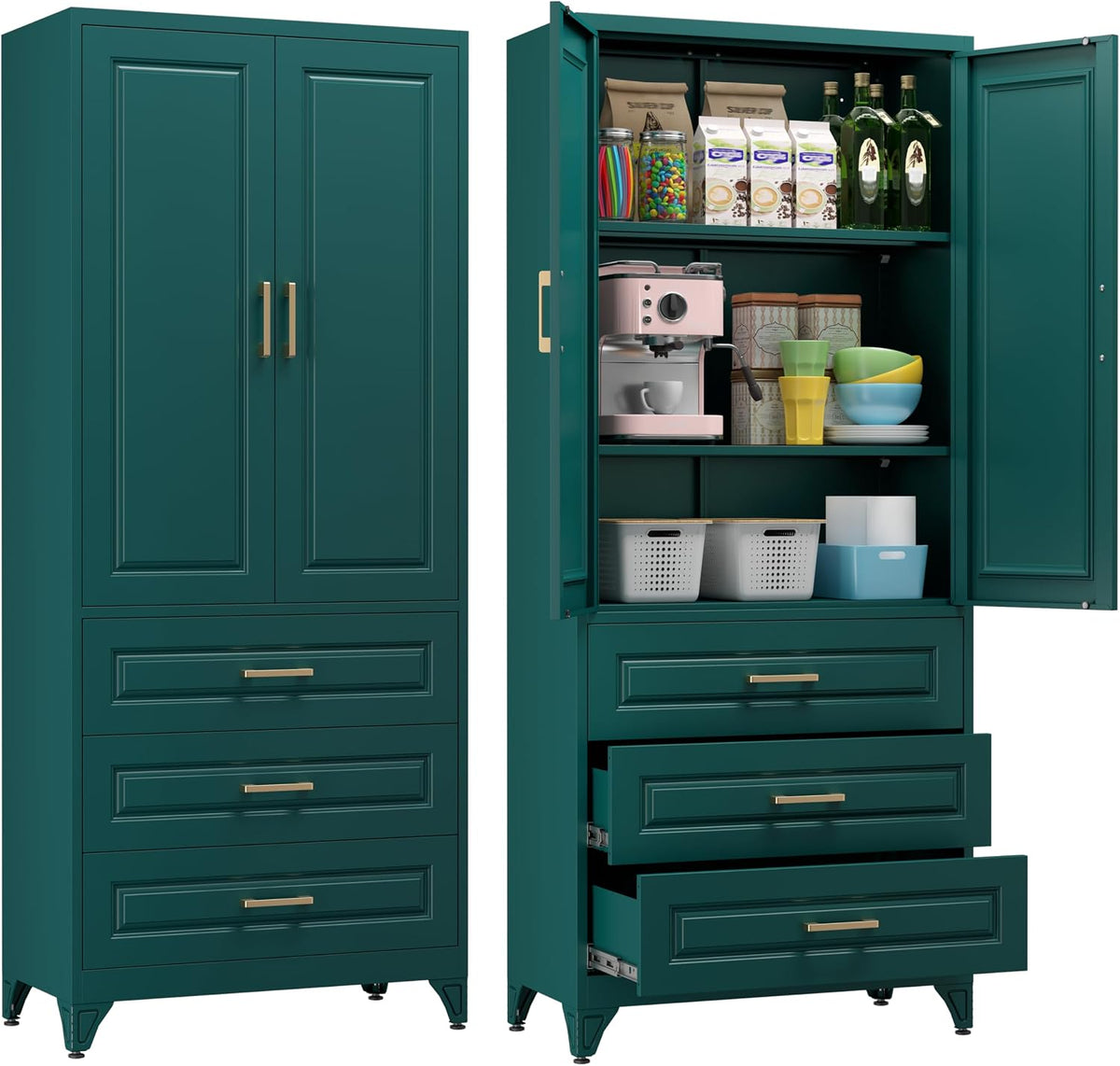 75" Tall Kitchen Pantry Cabinet, Storage Cabinet with 3 Drawers | Metal Kitchen Cabinet with Doors & 2 Adjustable Shelves, Tall Food Pantry, Cupboard for Kitchen, Dining Room, Garage, Office