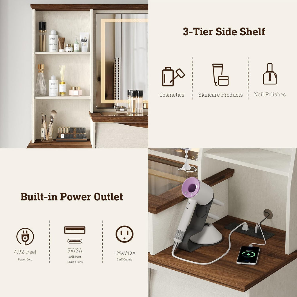 STO'SENSE Makeup Vanity Desk w/Mirror & Lights, 54" Large Vanity Table w/Glass Top, RGB Drawer, 𝐌𝐚𝐠𝐧𝐢𝐟𝐲𝐢𝐧𝐠 𝐌𝐢𝐫𝐫𝐨𝐫&Power Outlet,Make up Desk w/3 Shelves&7 Drawers,Dressing Table,White