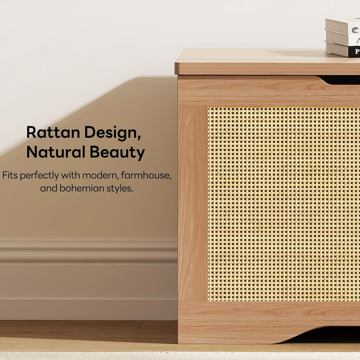 LIKIMIO 47.2" Rattan Storage Ottoman Bench Chest, Rustic Wood | Vintage brown rattan and wood frame; 330 lb support and 47.2 x 15.8 x 17.7 in size.