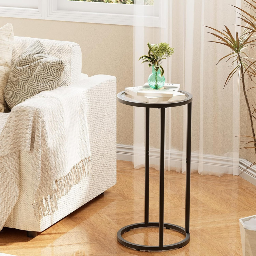 Easy Paws Round Side Table,Glass C Shaped Table,Couch End Table, Tempered Glass Snack Table with Metal Frame, Sofa Couch Bedside Table,TV Tray Table for Small Space(Black,2pcs)