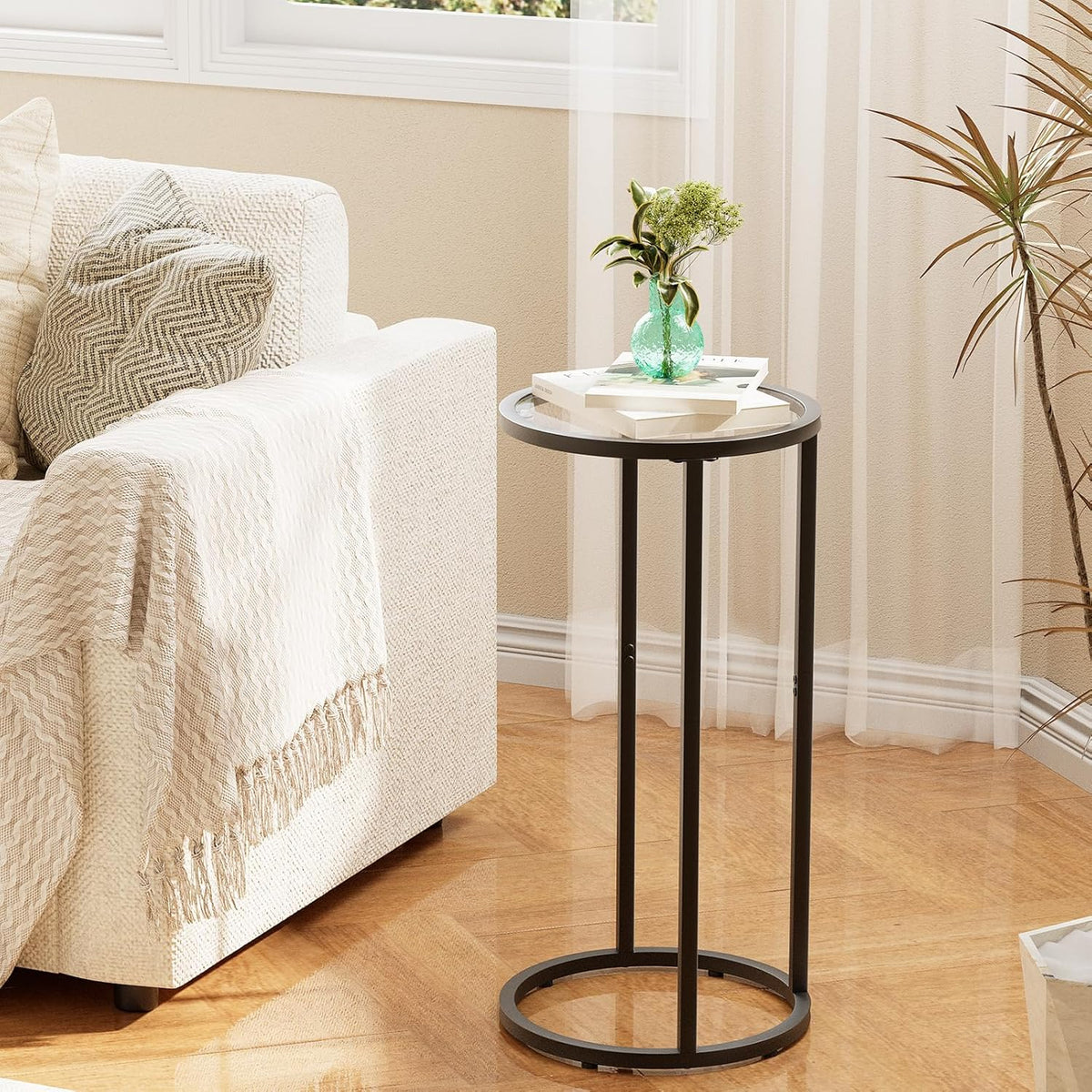 Easy Paws Round Side Table,Glass C Shaped Table,Couch End Table, Tempered Glass Snack Table with Metal Frame, Sofa Couch Bedside Table,TV Tray Table for Small Space(Black,2pcs)