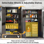 PAOFIN 71''H Tall Metal Garage Storage Cabinet with Wheels,Steel File Cabinets with 2 Doors and 4 Adjustable Shelves for Home Office, Warehouse, Required Assembly,Black