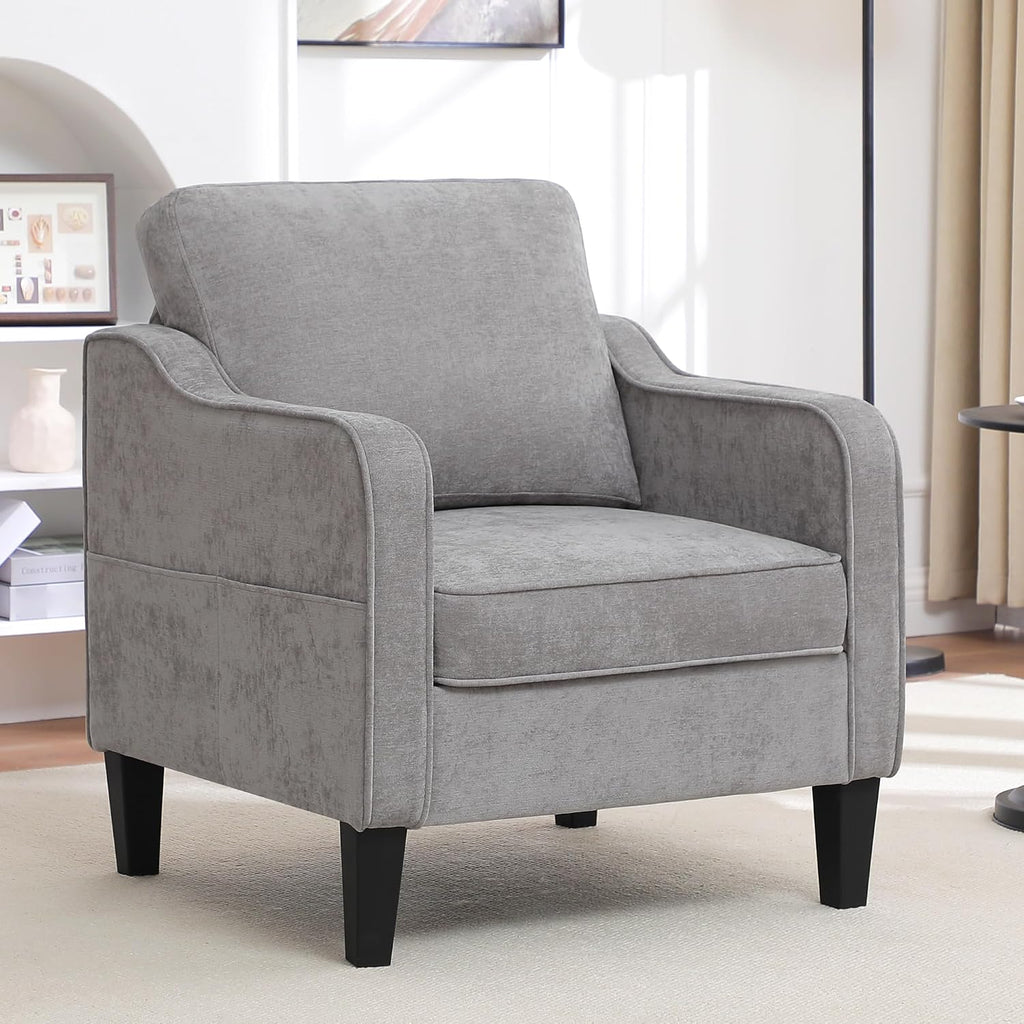 Accent Chairs Set of 2, Upholstered Living Room Chairs with Side Pockets, Mid Century Modern Reading Chair for Bedroom, Comfy Armchair Single Sofa Side Chair for Office, Small Room, Light Grey