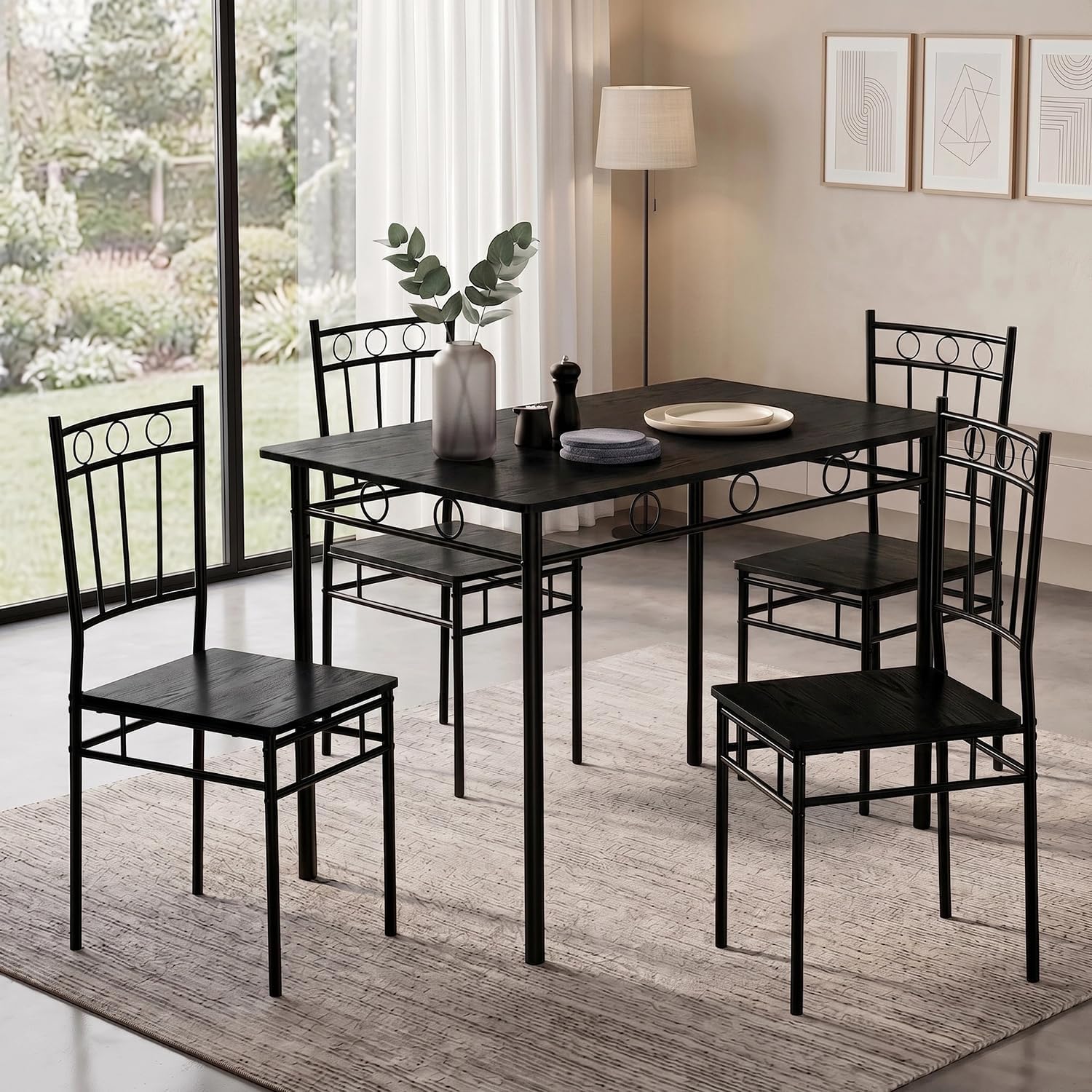 Vipbear Kitchen Dining Table Set for 4, 5-Piece Kitchen Table Set,Dining Room Table Sets,Rectangular Kitchen Table Set with 4 Chairs for Small Space, Dinette,Apartment,Rustic Black