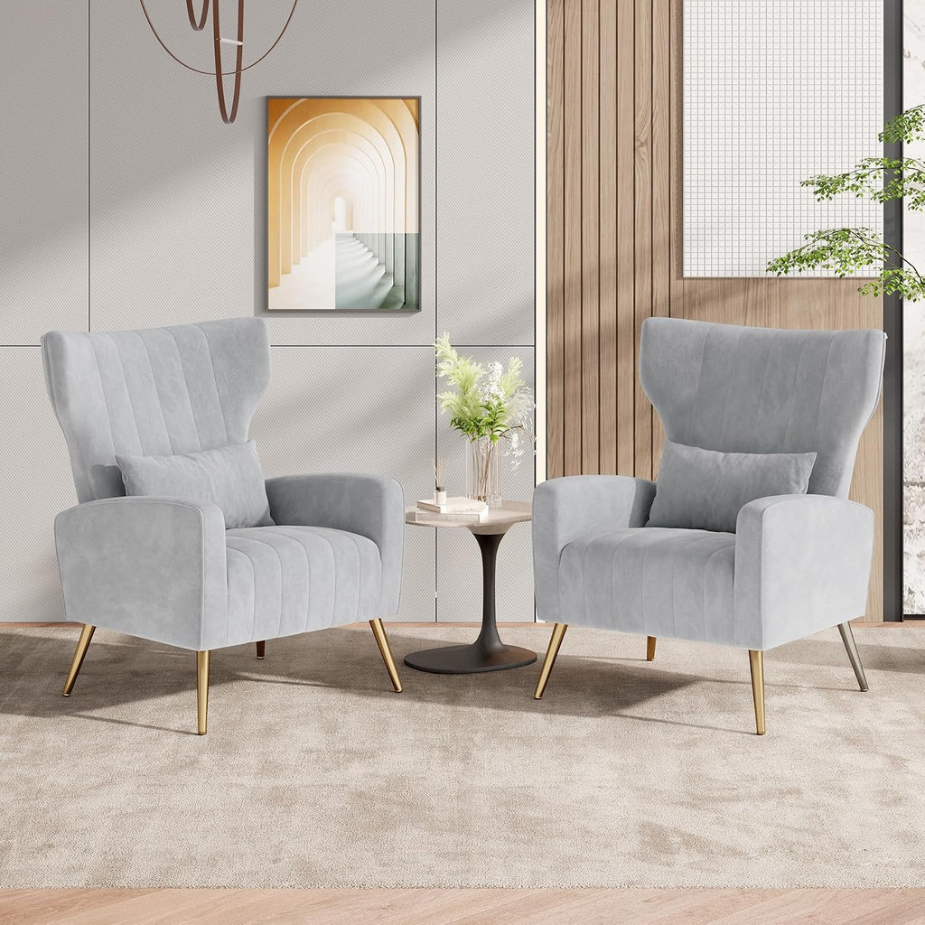 Nalupatio Velvet Accent Chairs Set of 2 Modern High Back Armchair Arm Chair with Lumbar Pillow, High Back Upholstered Single Sofa Chair with Gold Metal Legs for Bedroom,Light Gray