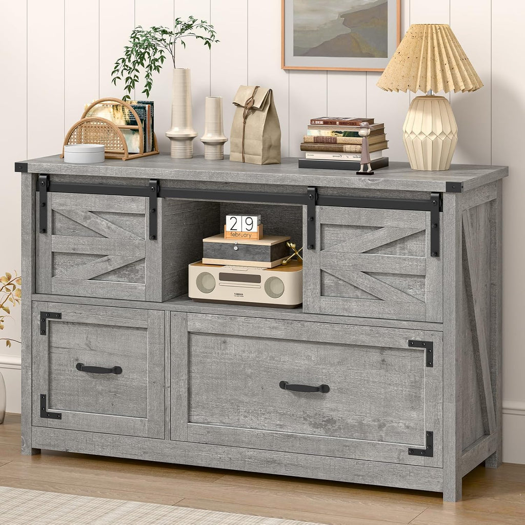 Halitaa Lateral File Cabinets 2 Drawer with Sliding Barn Doors, Grey | Farmhouse File Cabinet with 2 drawer for Home Office，Filing Organization Storage Cabinet for Hanging Files Letter/Legal/F4/A4