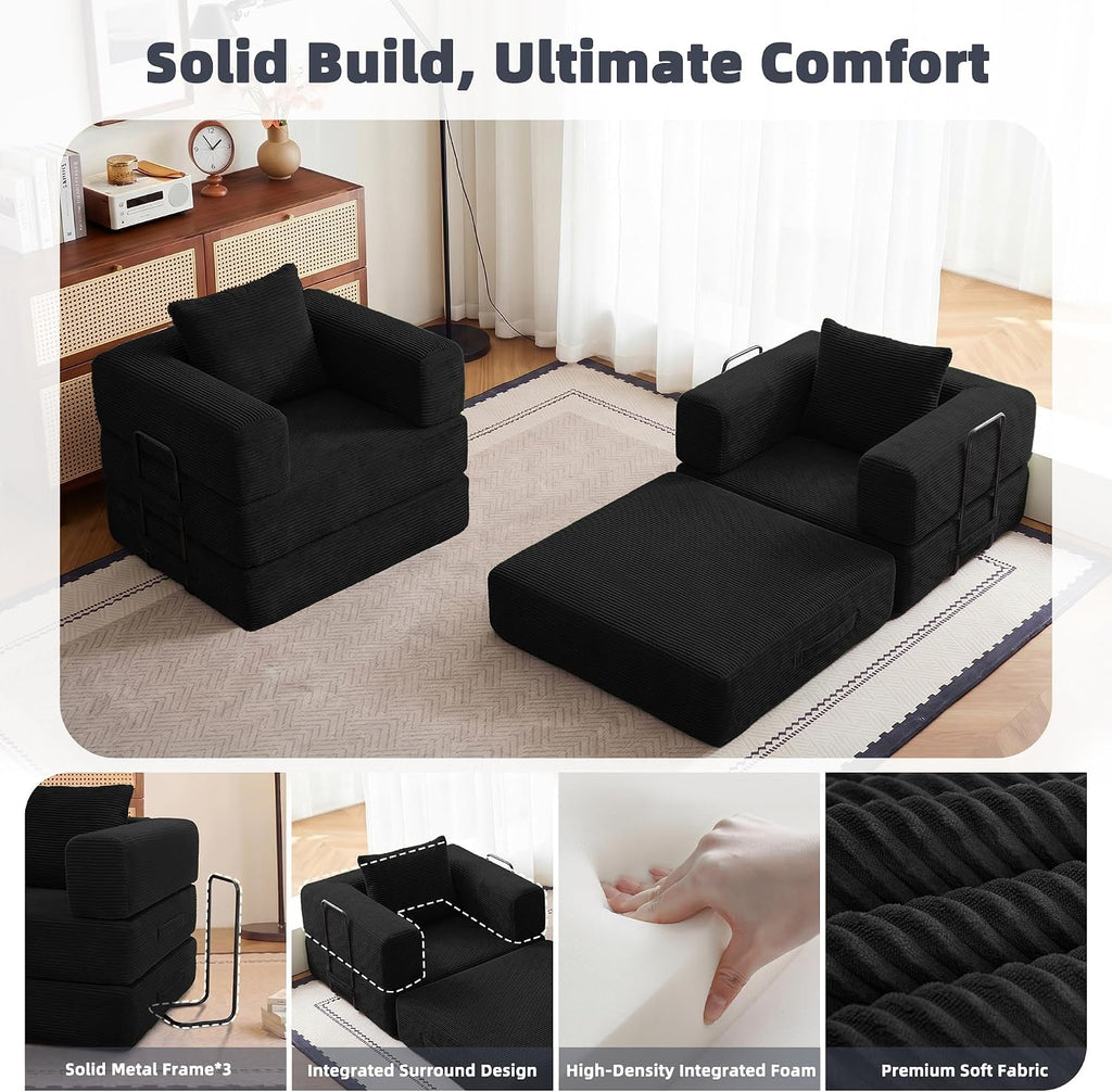 37.4in Convertible Sofa Bed, Corduroy Couch Bed, Futon Sleeper Sofa Pull Out Bed, Foldable Couch for Living Room Apartment, No Assembly Required