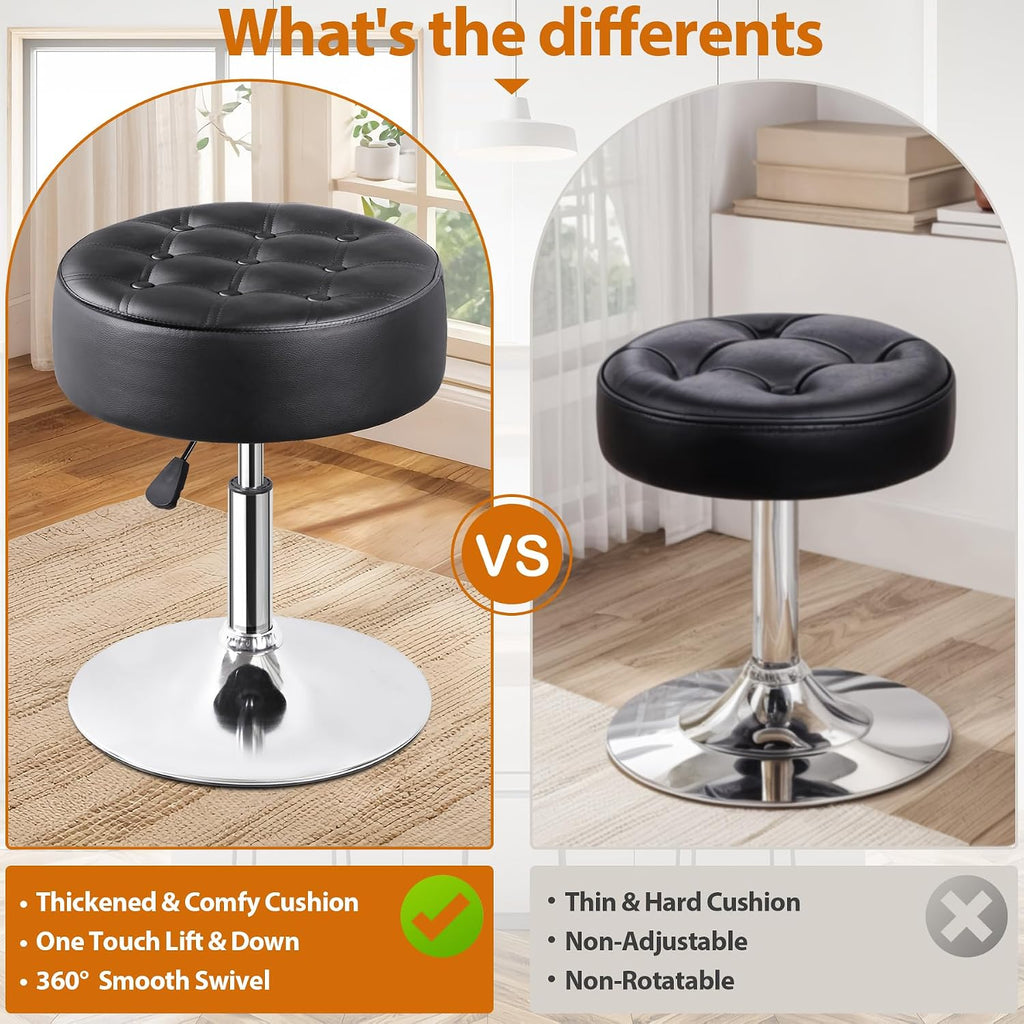 Nova Microdermabrasion Vanity Chair Stool Modern Tufted Round Ottoman Stool Swivel Makeup Chair for Bathroom Bedroom Living Room (Black)