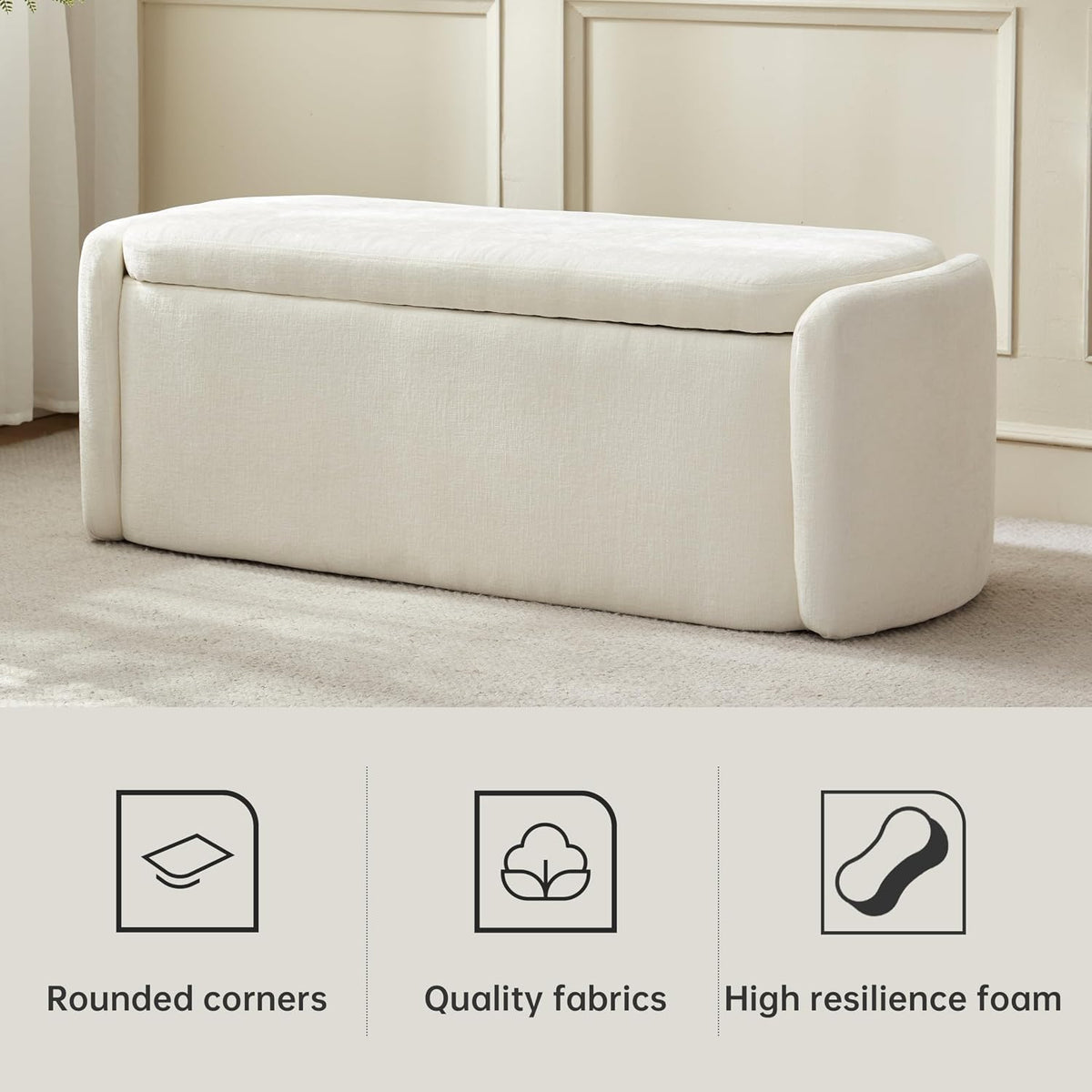 VKNOW Storage Bench, Upholstered Storage Ottoman Bench with Hinge, Cream | Ottoman Bench with Large Capacity, Curved Frame, Soft Fabric, Storage Bench for Bedroom, Living Room, Entryway