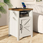 MXV Farmhouse Nightstands with Charging Station, End Tables Set of 2 with Barn Door, Sofa Side Table with Storage Space for Bedroom, Living Room (White)