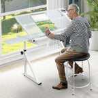 Height Adjustable Drafting Table Desk w/Stool, Tempered Glass Top | Art Craft Drawing Workstation 2 Storage Drawers , Ergonomic , for Painting, Crafting, Architecture Design, Home Studio