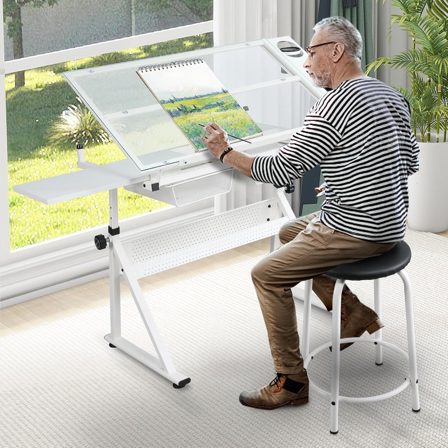 Height Adjustable Drafting Table Desk w/Stool, Tempered Glass Top | Art Craft Drawing Workstation 2 Storage Drawers , Ergonomic , for Painting, Crafting, Architecture Design, Home Studio