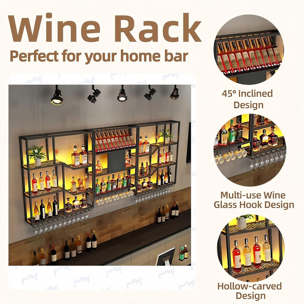 79" Large Metal Wine Rack Wall Mounted, 3 Tier Liquor Shelf & Liquor Rack Wall Mounted with LED Light, Bar Shelf for Liquor Bottles & Glass Holder for Dining Room,Home Bar,Black