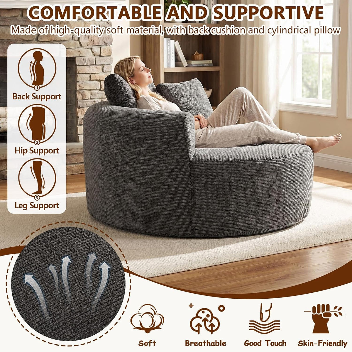 (New) Round Floor Chair Lounger Indoor, Circle Couch With 2 Pillows for Living Room, Cozy Cuddle Chair In a Box With Curved Armrest And Backrest, Heart Shaped, No Assambly Needed (Gray Black)