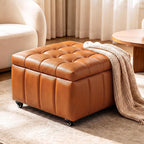 Square Leather Ottoman with Storage and Wheels,360°Rolling ottoman,Faux Leather Flip Top Storage Footstool Coffee Table, Rolling Upholstered Storage Ottoman for Living Room Entryway Bedroom (Brown)