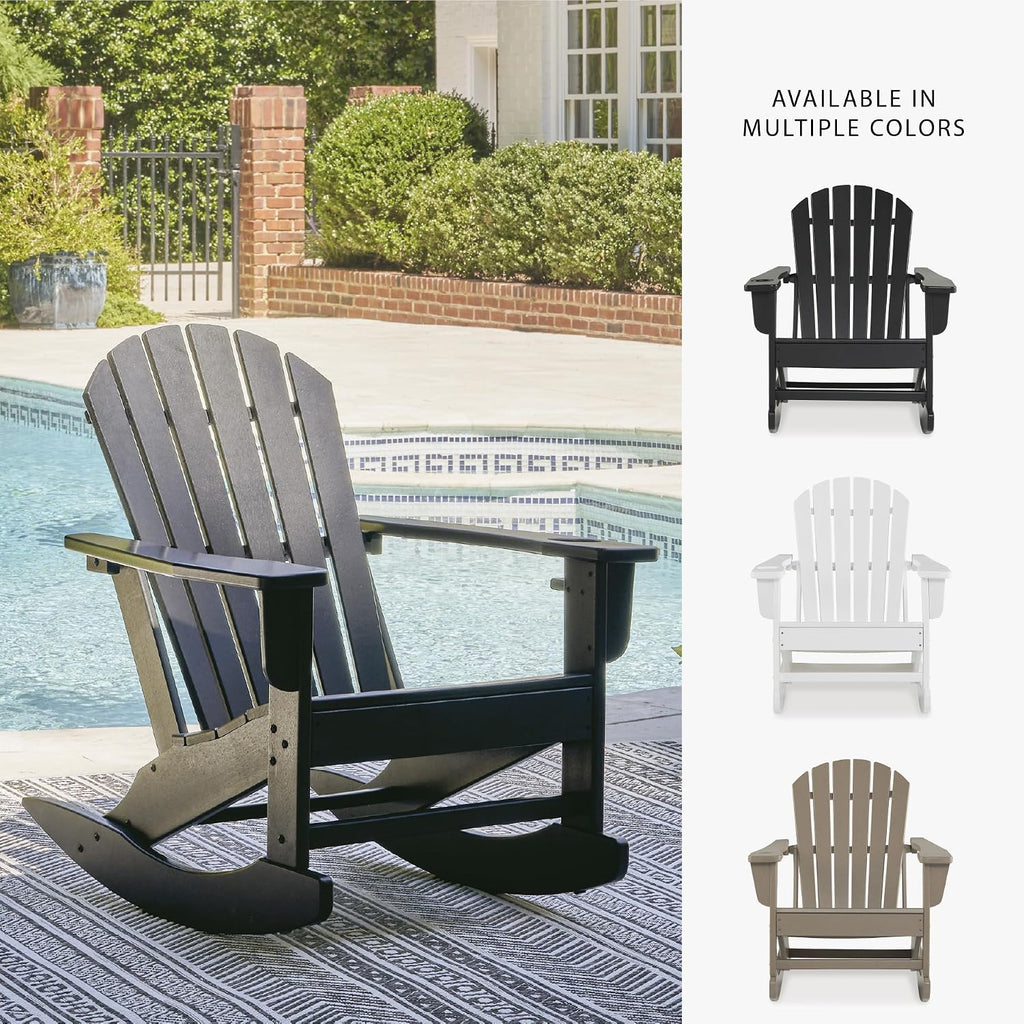 Signature Design by Ashley Sundown Treasure Outdoor Rocking Chair in Black, All-Weather Adirondack Patio Rocker, Durable Weather Resistant HDPE, 250 lb Capacity, 1 Built-In Cup Holder