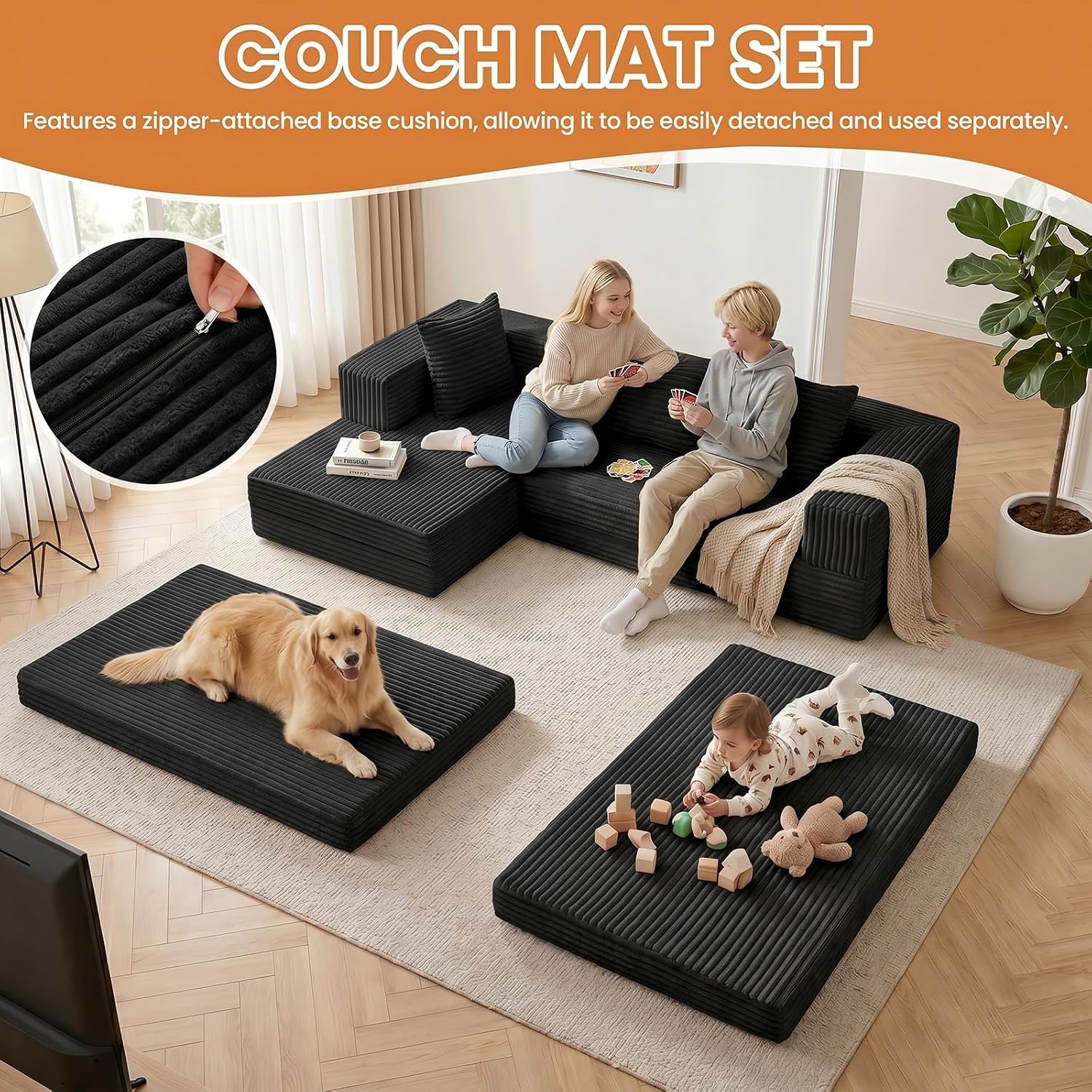79" Modular Sectional Sofa, Convertible Sleeper Sofa Bed, Modern Tri-Folding Cloud Couch with L-Shape Chaise, Corduroy Futon for Living Room Small Spaces Apartment, No Assembly