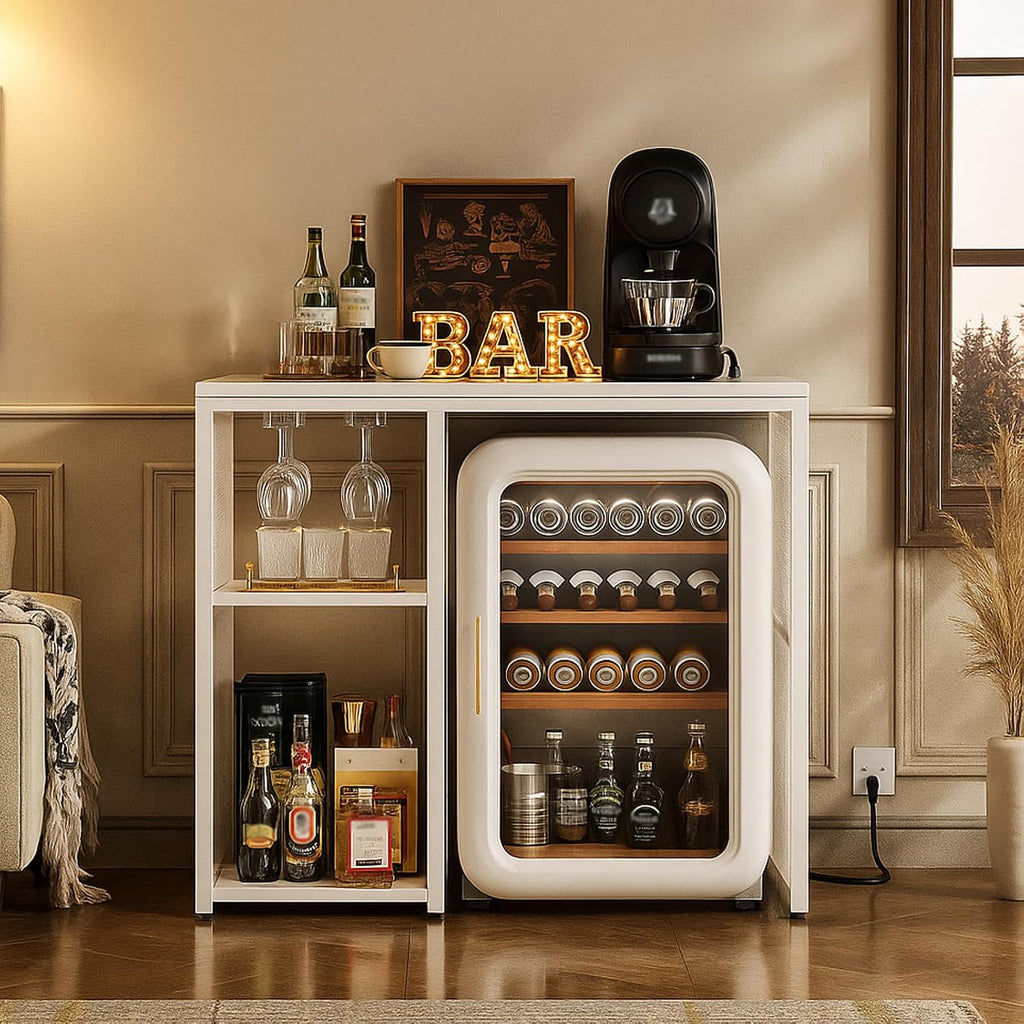 Homieasy Mini Fridge Cabinet with Power Outlet, Coffee Bar Cabinet, White | Mini Fridge Space, Industrial Liquor Cabinet with Wine Storage & Glass Holder for Dorm, Living Room, Home Kitchen