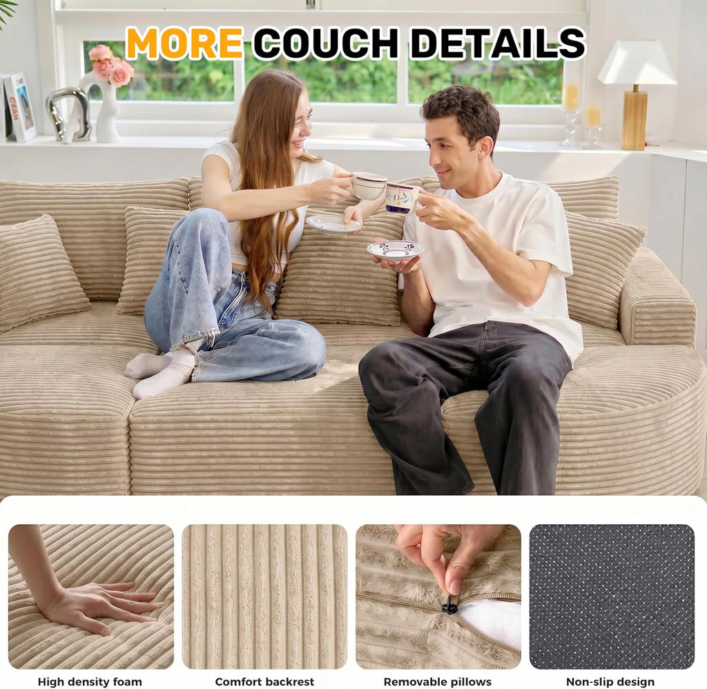 120" Oversized Round Sofa Bed, Modular Sectional Cloud Couches for Living Room, Convertible Corduroy Couch Sleeper Sofa Set, No Assembly Required, Khaki 1 PCS