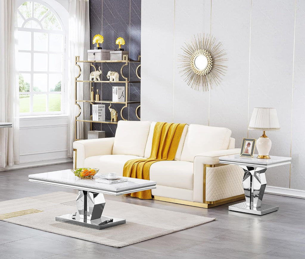 Modern Marble End Table, Sqaure Sofa Side Table with Silver Mirrored Stainless Steel Base Luxury White Faux Marble Accent End Table Bedside Table Nightstand for Living Room Bedroom