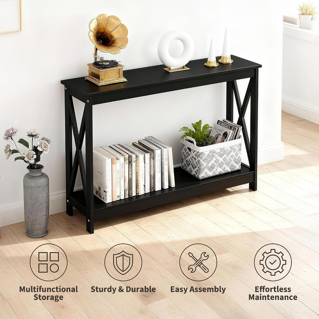 SUPER DEAL Console Table 47”, 2-Tier Narrow Sofa Side Table with Storage Shelf, Entrance Table for Hallway/Foyer/Living Room/Corridor/Office, Black