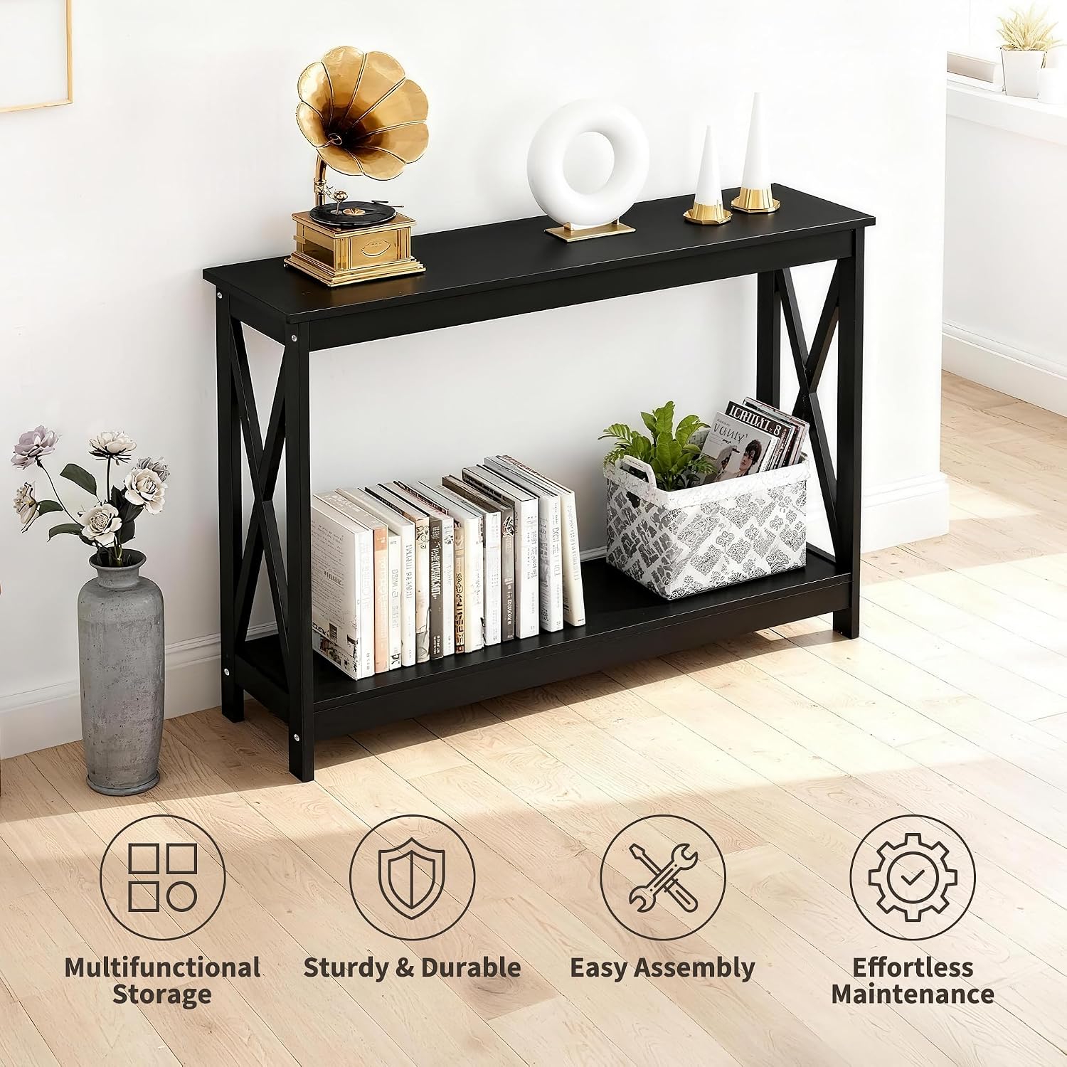 ZENY Console Table, Entryway Table, Narrow Sofa Table with 2-Tier Shelves, Entrance Table for Living Room, Entryway, Hallway, Foyer (Black, 11.8" D x 47" W x 31.7" H)