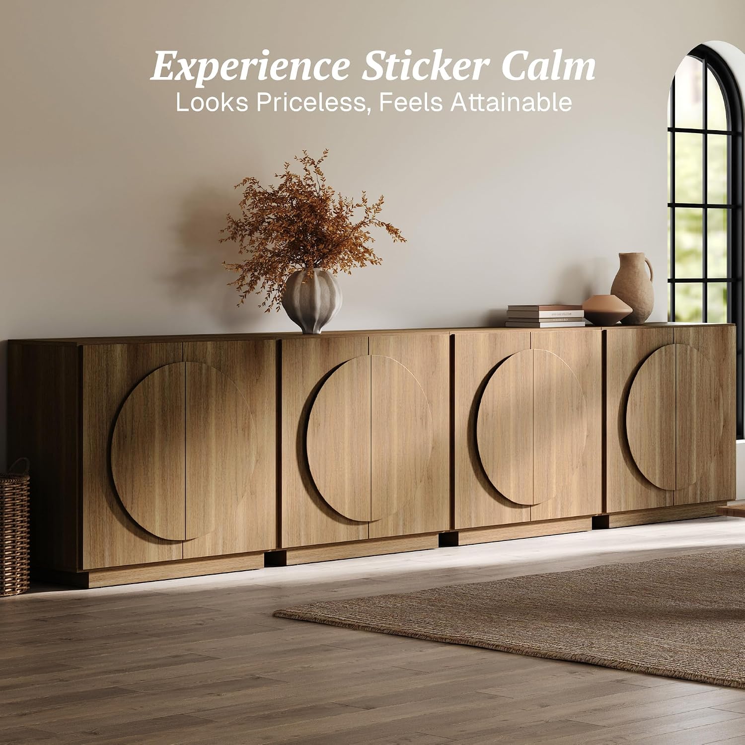BELLEZE Modular Buffet Cabinet with Storage,Mid Century Modern Arched Sideboard with Adjustable Shelf & Symmetrical Doors,Credenza for Entryway Kitchen Living Room, Set of 4 (Camel)