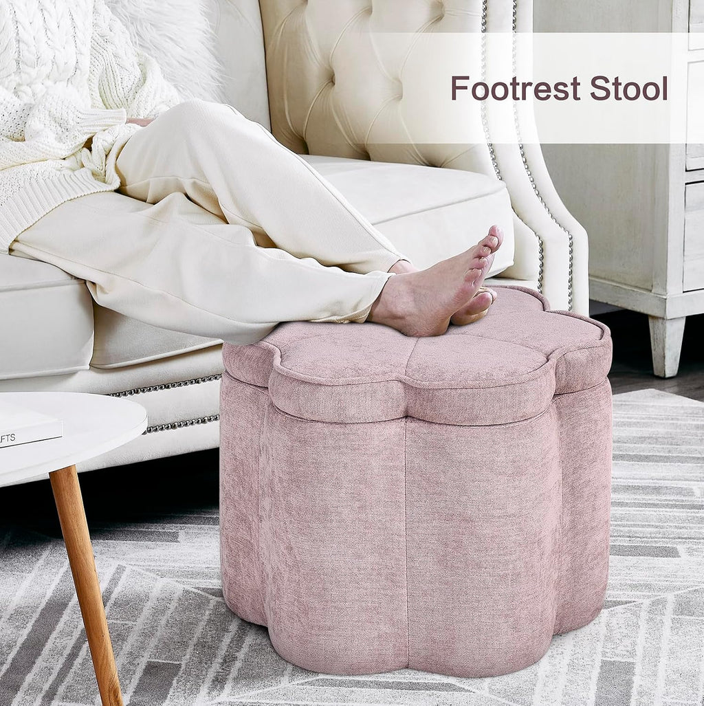Crestview Collection 14.5" H Pink Flower Storage Ottoman,Sandy Pink | Chenille Fabric,Holds 300 LBS,Seating Foot Rest,For Bedroom Living Room Entryway,Home Decor