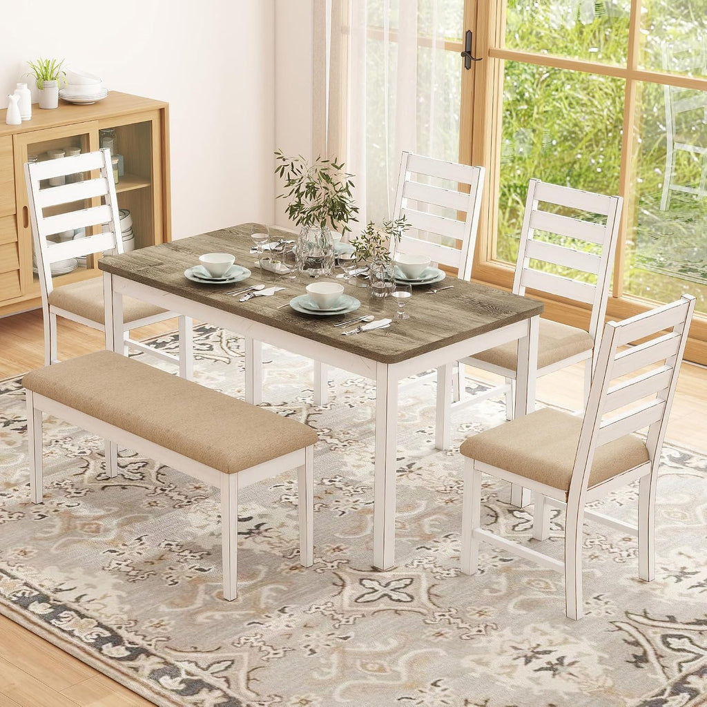 ROCSUMOO 6 Piece Farmhouse Dining Table Set of 6 with 4 Chairs & 1 Bench | 59" Rectangular Kitchen Table Set with Old Design, Farmhouse White Dinner Room Set Solid Wood Stable Space Saving