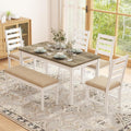 ROCSUMOO 6 Piece Farmhouse Dining Table Set of 6 with 4 Chairs & 1 Bench | 59" Rectangular Kitchen Table Set with Old Design, Farmhouse White Dinner Room Set Solid Wood Stable Space Saving