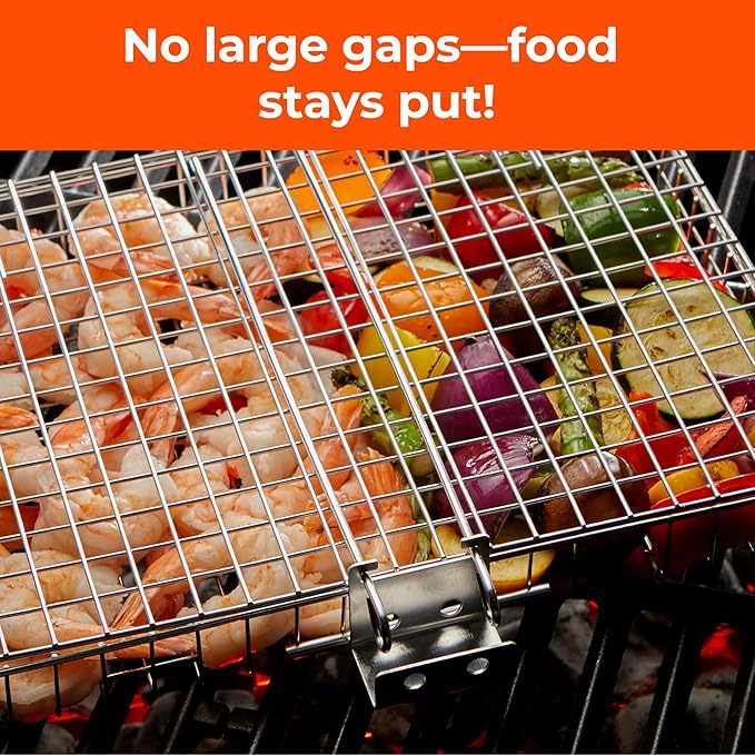 Stainless Steel Large Grill Basket with Removable Handle, Easy Open/Close Lid, Included Silicone Basting Brush & Steel-fiber Scrub Sponge - Perfect for Outdoor Cooking, BBQ, and Camping (12.25 x 9.5 x 1.5 Inches)