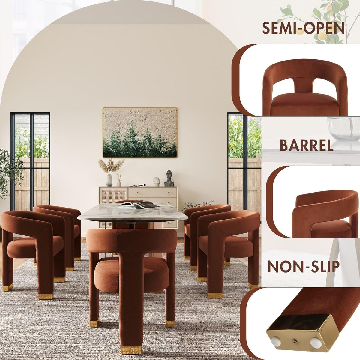 Hyfirm Barrel Dining Chairs Set of 4, Velvet Upholstered Armchairs with Open-Back, Solid Wood Frame, Gold Metal-Trimmed Legs, Pre-Assembled Side Chairs for Kitchen/Dining Room/Living Room, Orange