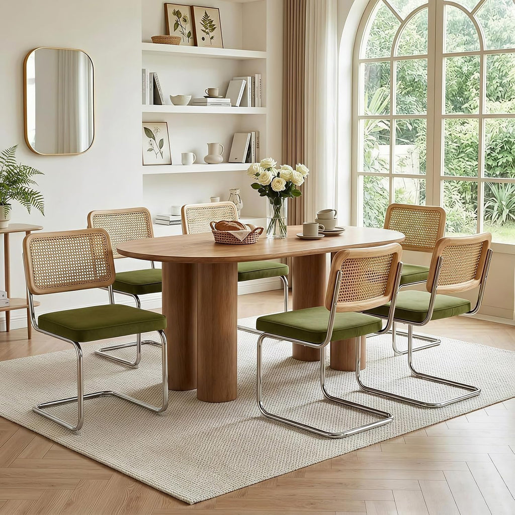 Rattan Dining Chairs Set of 2,Mid Century Modern Cane Back Chairs with Velvet Thickened Cushion, Solid Wood Back and Metal Legs for Dining Room/Kitchen/Living Room,Green