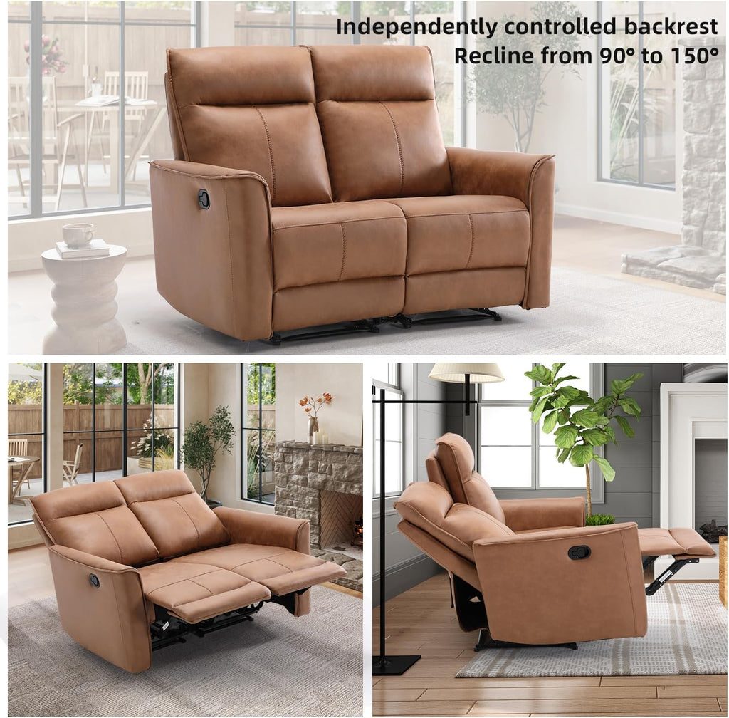 CANMOV Manual Loveseat Recliner Sofa, Wall-Hugger 2 Seat Reclining Love Seat Couches, Leathaire Reclining Sofa Set, Double Seater Recliner Chair for Living Room, Office, Apartment, Brown