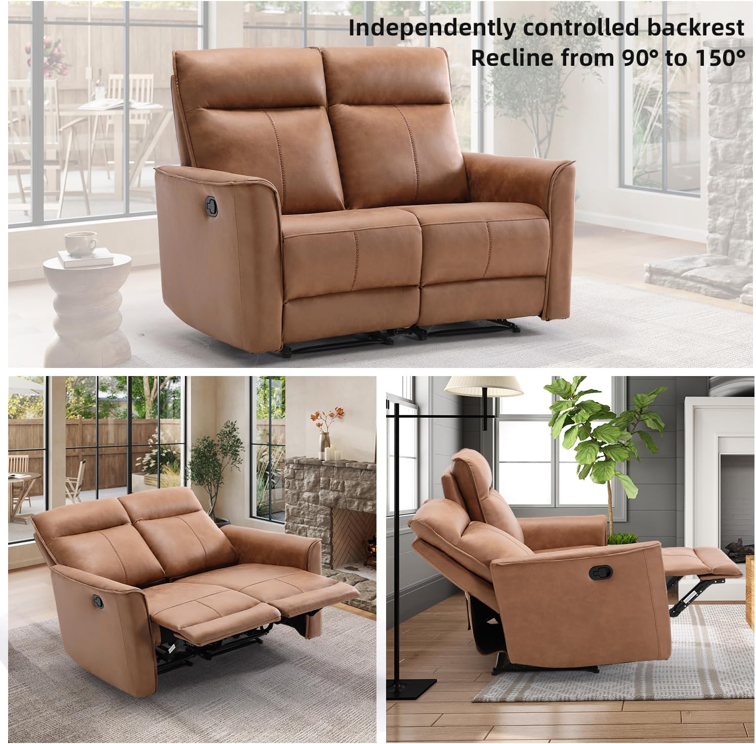 CANMOV Manual Loveseat Recliner Sofa, Wall-Hugger 2 Seat Reclining Love Seat Couches, Leathaire Reclining Sofa Set, Double Seater Recliner Chair for Living Room, Office, Apartment, Brown